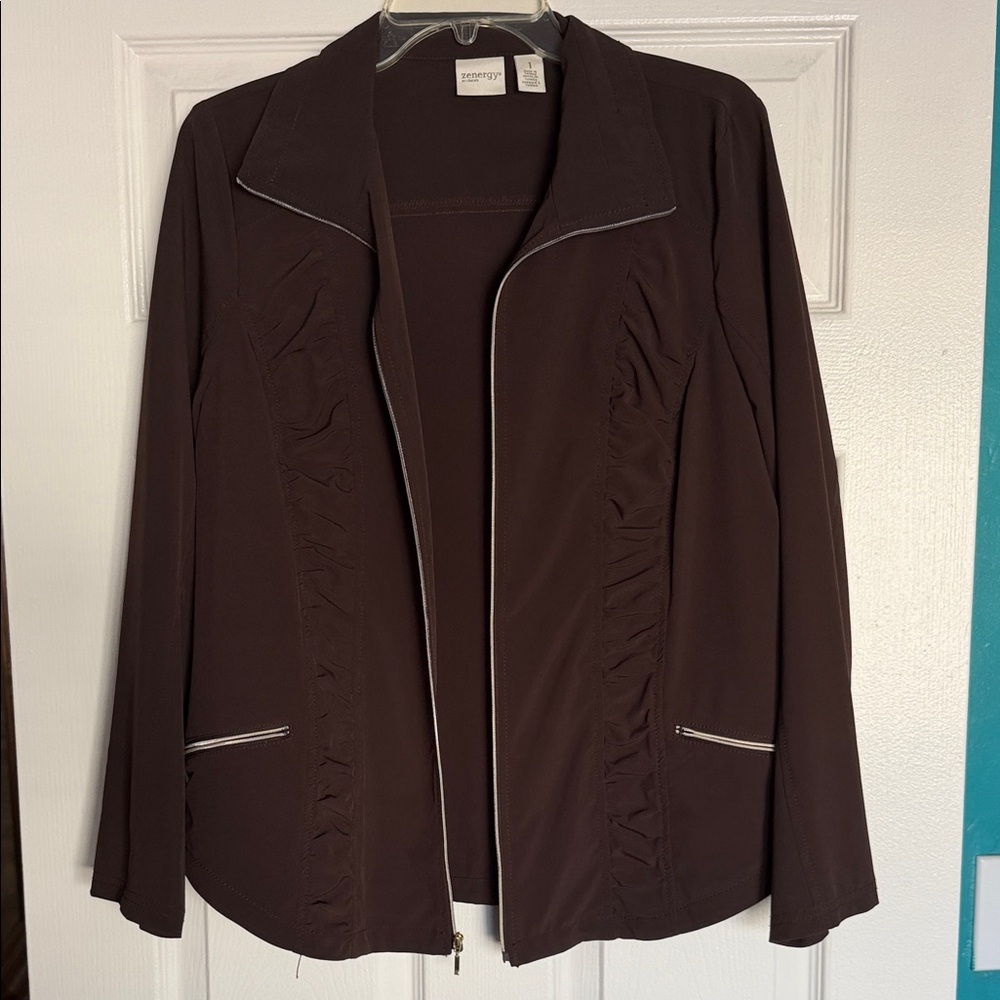 Brown Ruched Zip-Front Blazer with Contrast Trim